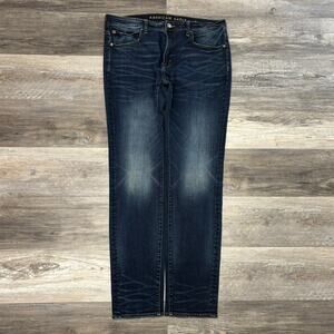 American‎ Eagle Dark Wash Faded Blue Mens 36x33 Original Tapered Denim Jeans EUC